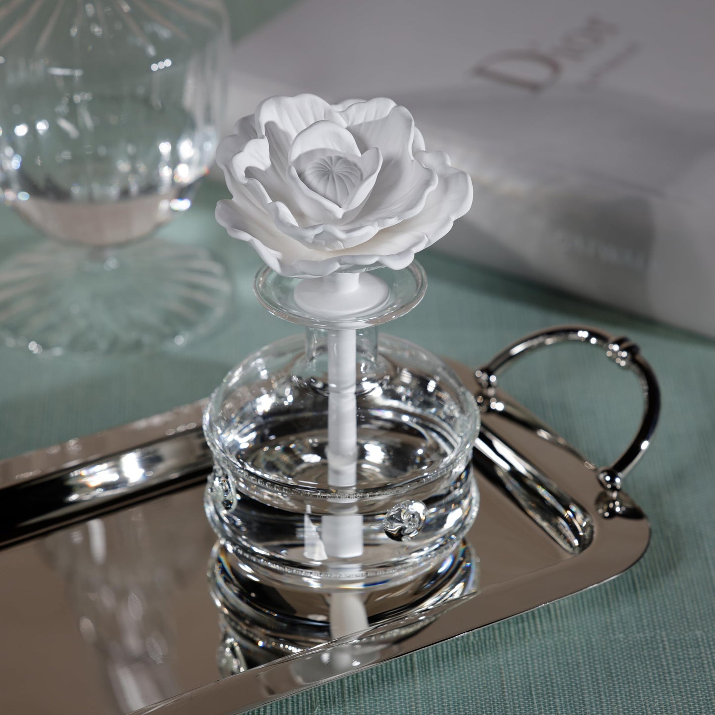 Zodax Grand Casablanca Porcelain Oil Diffuser - Home Fragrance Oil Diffuser Ideal for Living Room, Bathroom, Office - Flower Design - Gift Box Packaging Included - Tahitian Gardenia - 6.76 Oz.