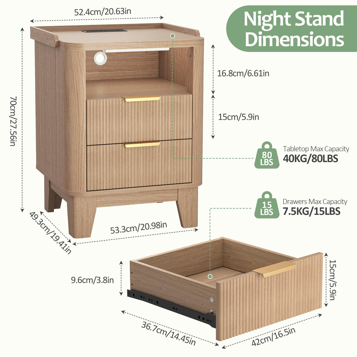 Turosur Night Stand with Charging Station, Fluted NightStand with LED Light and 2 Drawers, Wood Bedside Table with Open Storage, Modern