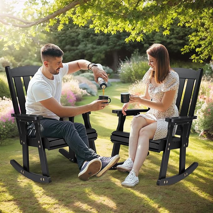 VINGLI Heavy Duty 600 LBS Outdoor Wooden Rocking Chair with Higher Backrest,Patio Rocking Chair with Ergonomic Design, Weatherproof Outdoor Rockers Suit for Patio, Garden, Balcony, Yard, Black