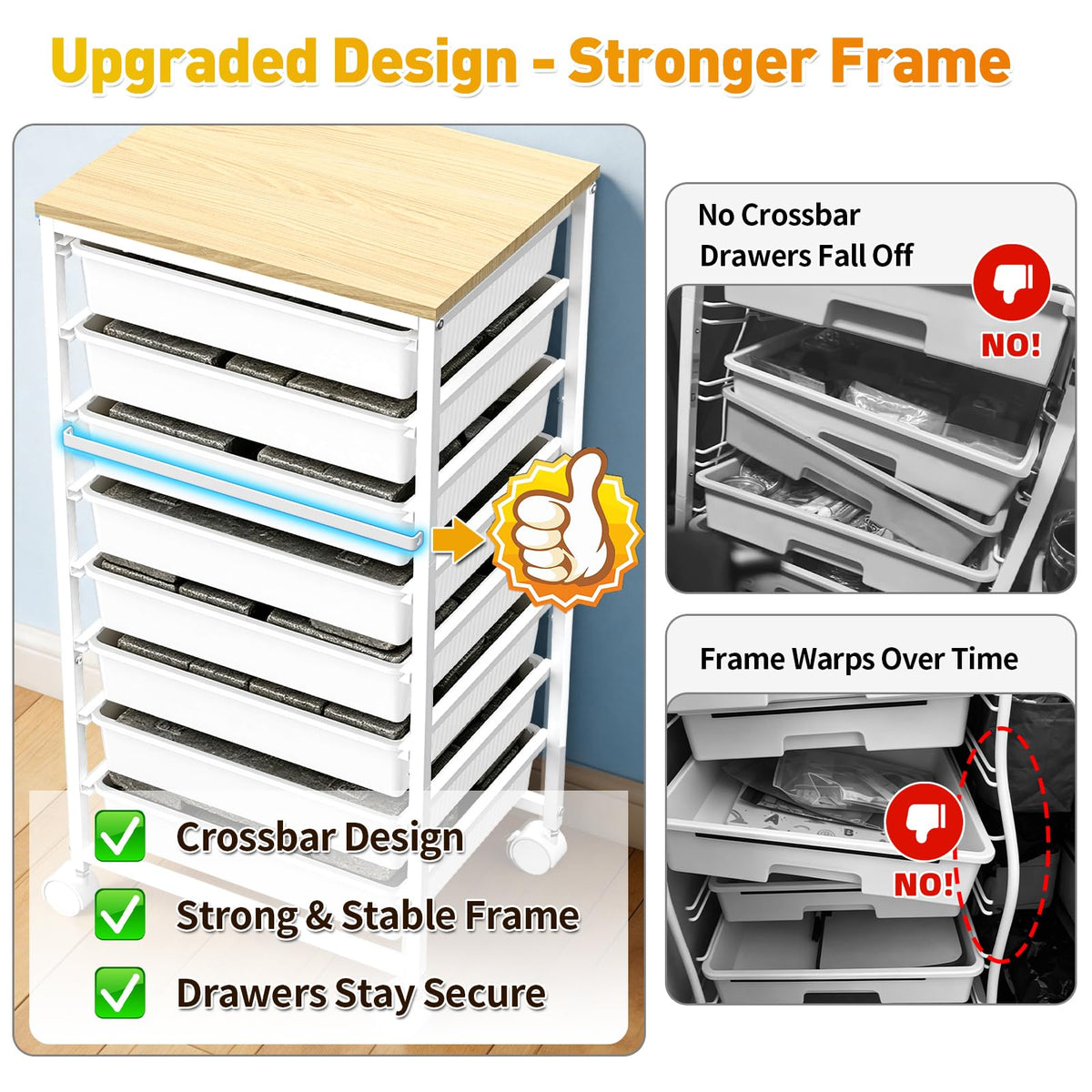 SUNALLY Rolling Cart With 8 Drawers, Storage Drawer Carts with Wooden Tabletop and 2 Lockable Wheels, 8 Tier Rolling Cart for Craft Art Supply Storage & Home Office Organization, White