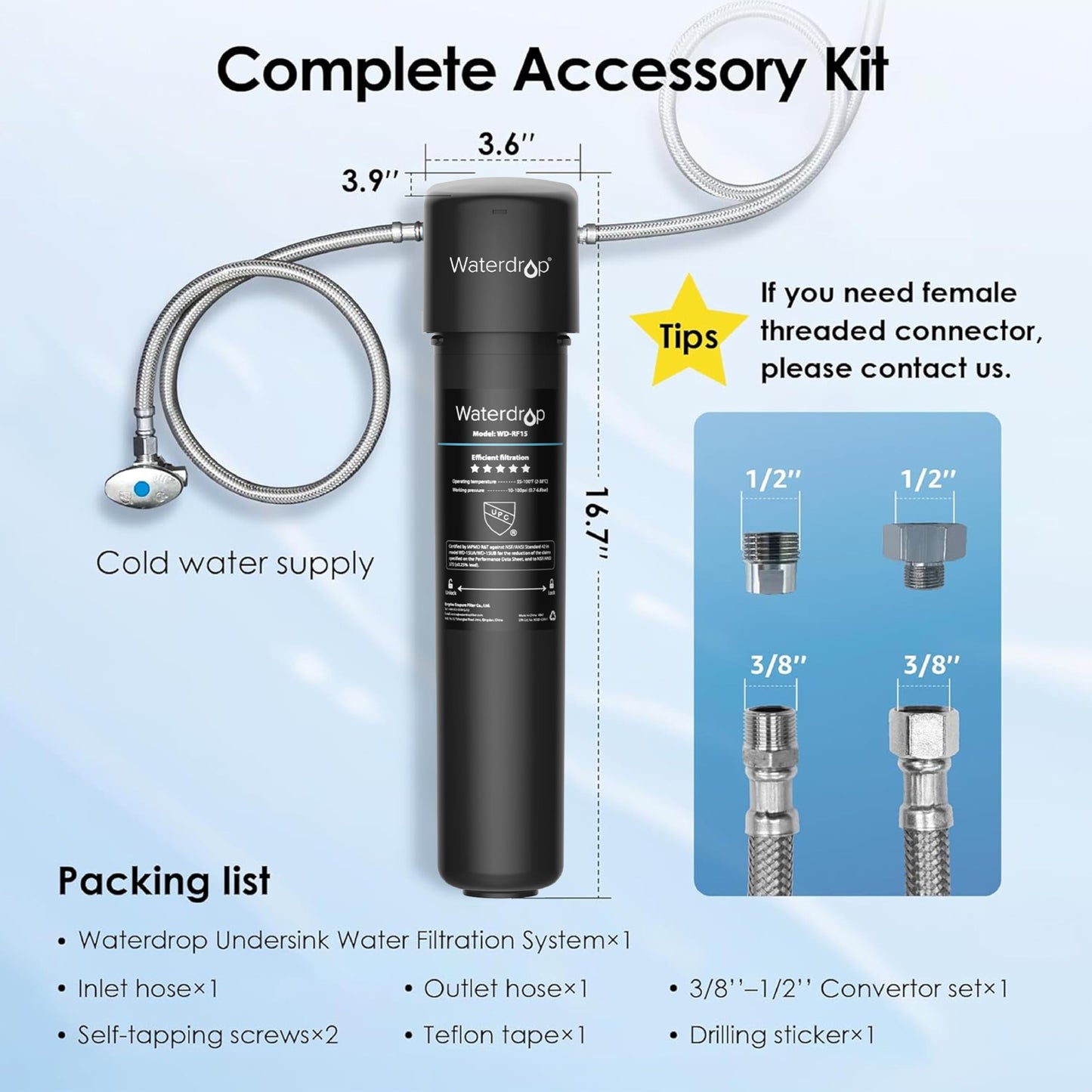 Waterdrop 15UA Under Sink Water Filter, 19000 Gallons High Capacity Water Filter System Direct Connect to Kitchen Faucet, Reduce PFAS, PFOA/PFOS, Lead, Chlorine, Bad Taste, NSF/ANSI 42 Certified