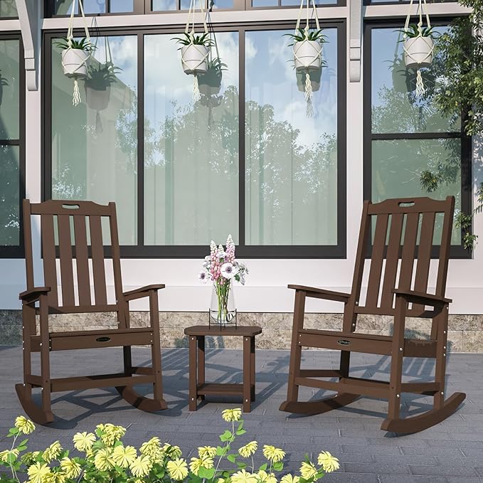 Oversized Rocking Chair Set of 2, Outdoor Rocking Chair for Adults, All Weather Resistant Porch Rocker for Lawn Garden, Brown