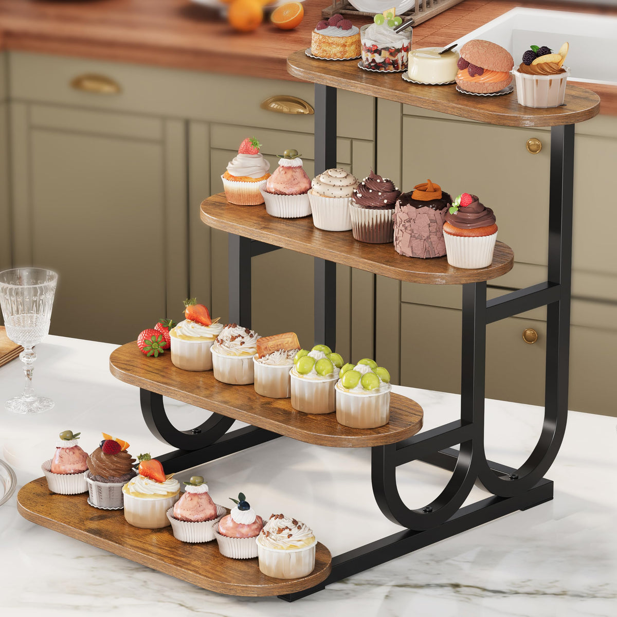 Trironsun Rustic Stepped Cupcake Stand for 50 Cupcakes 4-Tier Wooden Display Stand with Metal Frame Dessert Table Riser Shelf for Part, Bakery Farmers Market or Home Decor