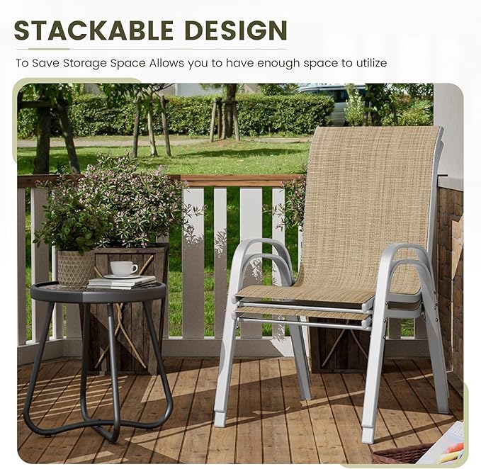 UDPATIO Patio Chairs Set of 2, Stackable Silver Outdoor Dining Chairs with High Back, Breathable Textilene Fabric Outdoor Chair All Weather, 350LBS Capacity for Garden, Backyard (Beige)