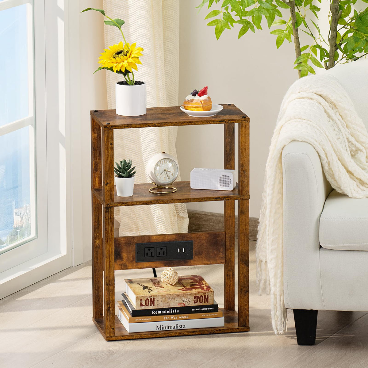 YUFAM 3-Tier Small Narrow Wood Side Table with Charging Station, Skinny Nightstand for Small Space, Slim Bedside Table with Storage for Couch, Thin End Table with USB Ports and Outlets, Rustic Brown