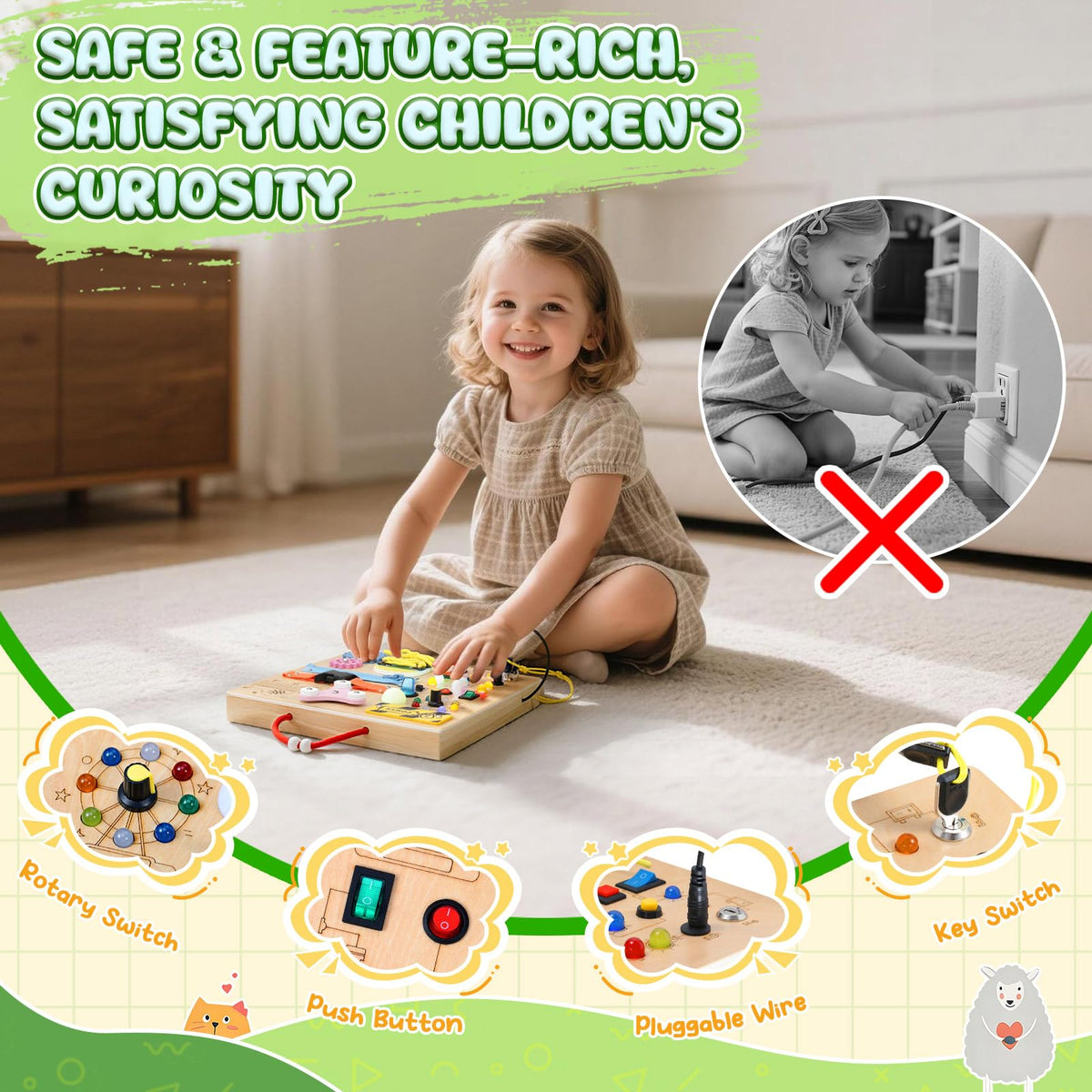 MoKo Montessori Busy Board Toys for 3+ Years Old Wooden Sensory Toys Board with LED Light Up Switch, Locks, Zippers, Music Boxes Learning Educational Fidget Toy for Toddlers Boys & Girls