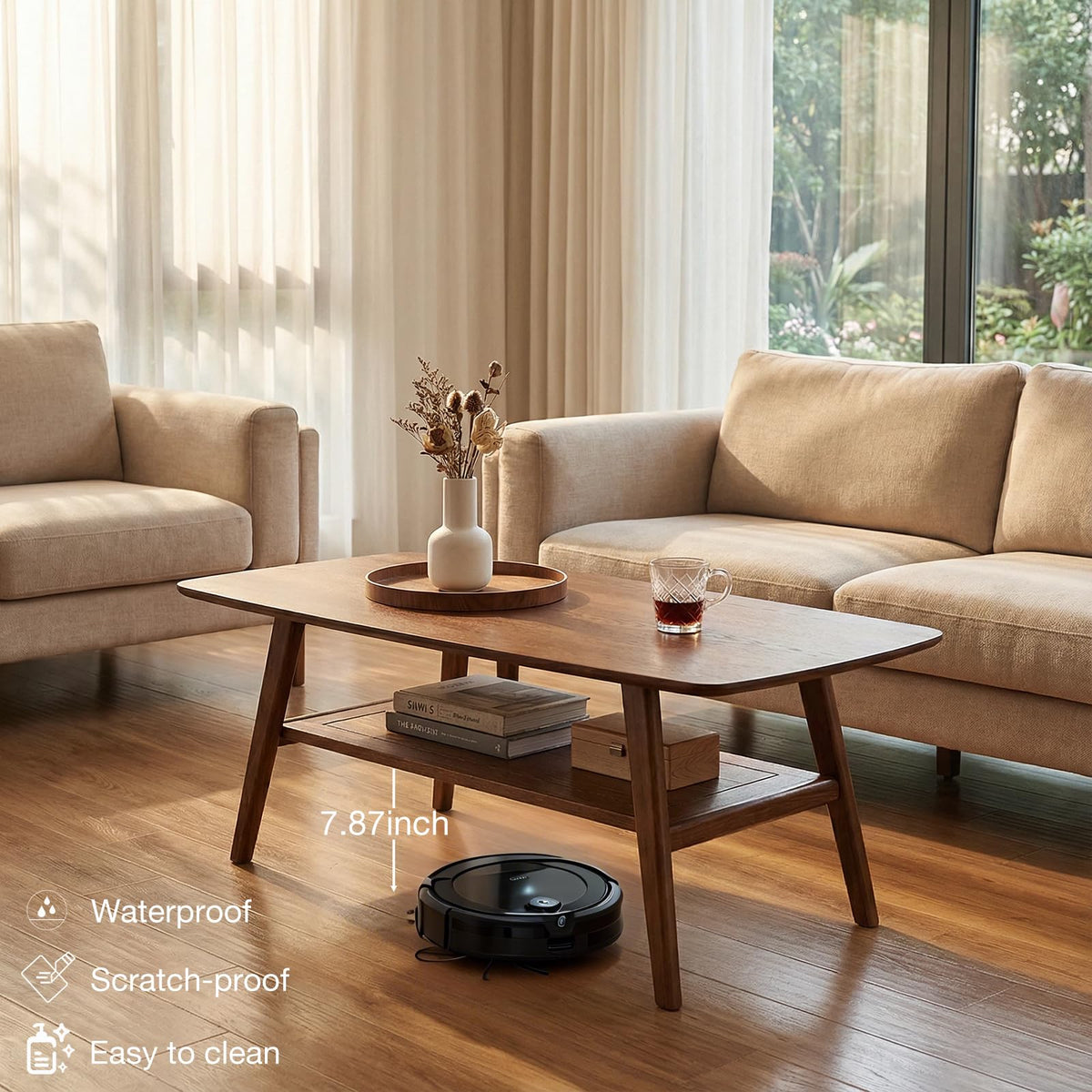 Bamskov Mid Century Modern Coffee Table: 100% Solid Wood Coffee Table - 2-Tier Storage Design - Space Saving Small Coffee Tables for Living Room, Apartment (Walnut, 31.49")