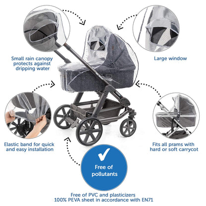 Zamboo Universal Rain Cover for Pram Carrycot (e.g. Hauck, Joie, ABC-Design etc.) | Air Circulating, Water Resistant and Durable Baby Protection Rain Shield (PVC-Free) - Grey