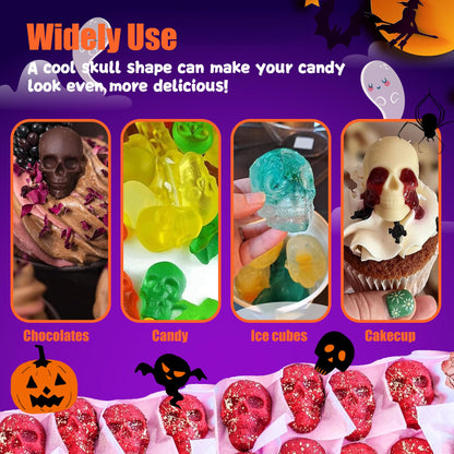 RUGVOMWM 3 Pack Halloween Gummy Skull Candy Molds Silicone,Halloween Mini Skull Mold with 2 Droppers for Chocolate, Candy,Ice Cube - Orange，Red，Black