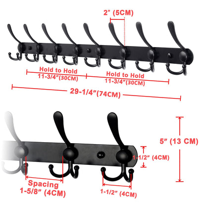 Dseap Coat Rack Wall Mount - 29.5” Long 8-Tri-Hooks Heavy Duty Coat Hanger Rail Wall Hooks for Hanging Coats Hats Clothing Clothes Purse Mudroom Entryway, Black