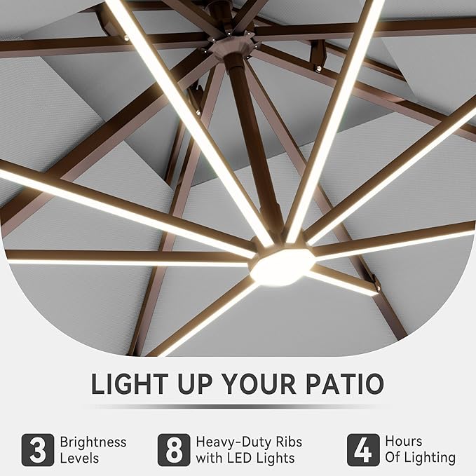 10 X 13 FT Cantilever Outdoor Patio Umbrella with Led Lights Large Heavy Duty 360° Rotation Double Top Offset Rectangular Umbrellas for Backyard Garden Pool Outside Deck, Fog Grey