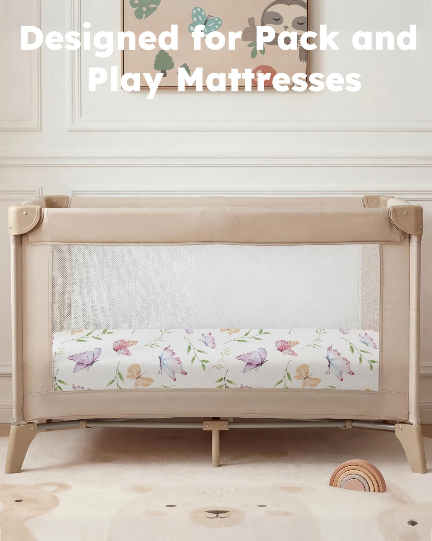 Nyessmee Pack and Play Sheets for Girls, 38" x 26" Mini Crib Sheets Fitted for Pack n Play Mattress, Soft Breathable Playard Sheets, 2-Pack Pink Butterfly