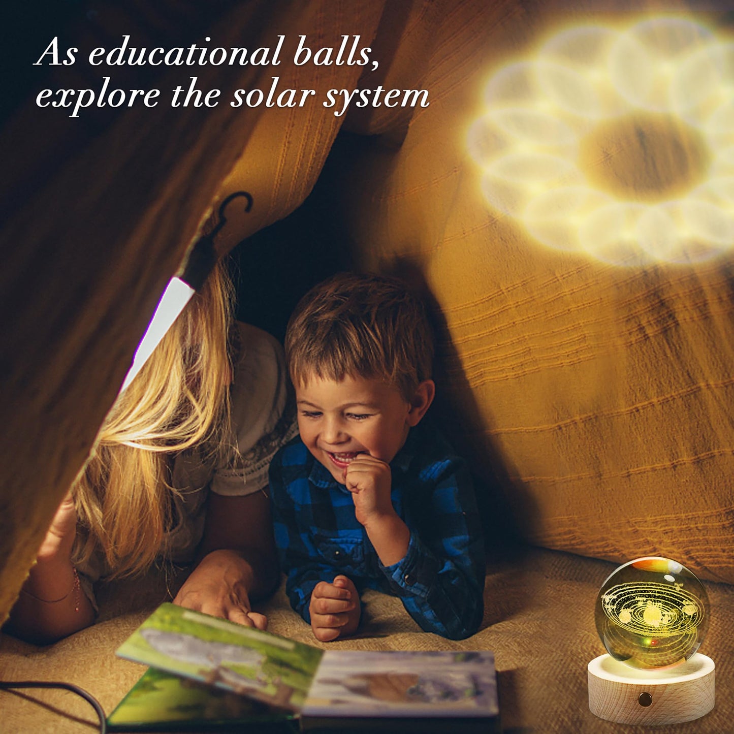 3D Solar System Crystal Ball with Wood Base, Engraved Universe Planet Sphere, Kid Education Decorative Glass Ball, Decor Creative Gift