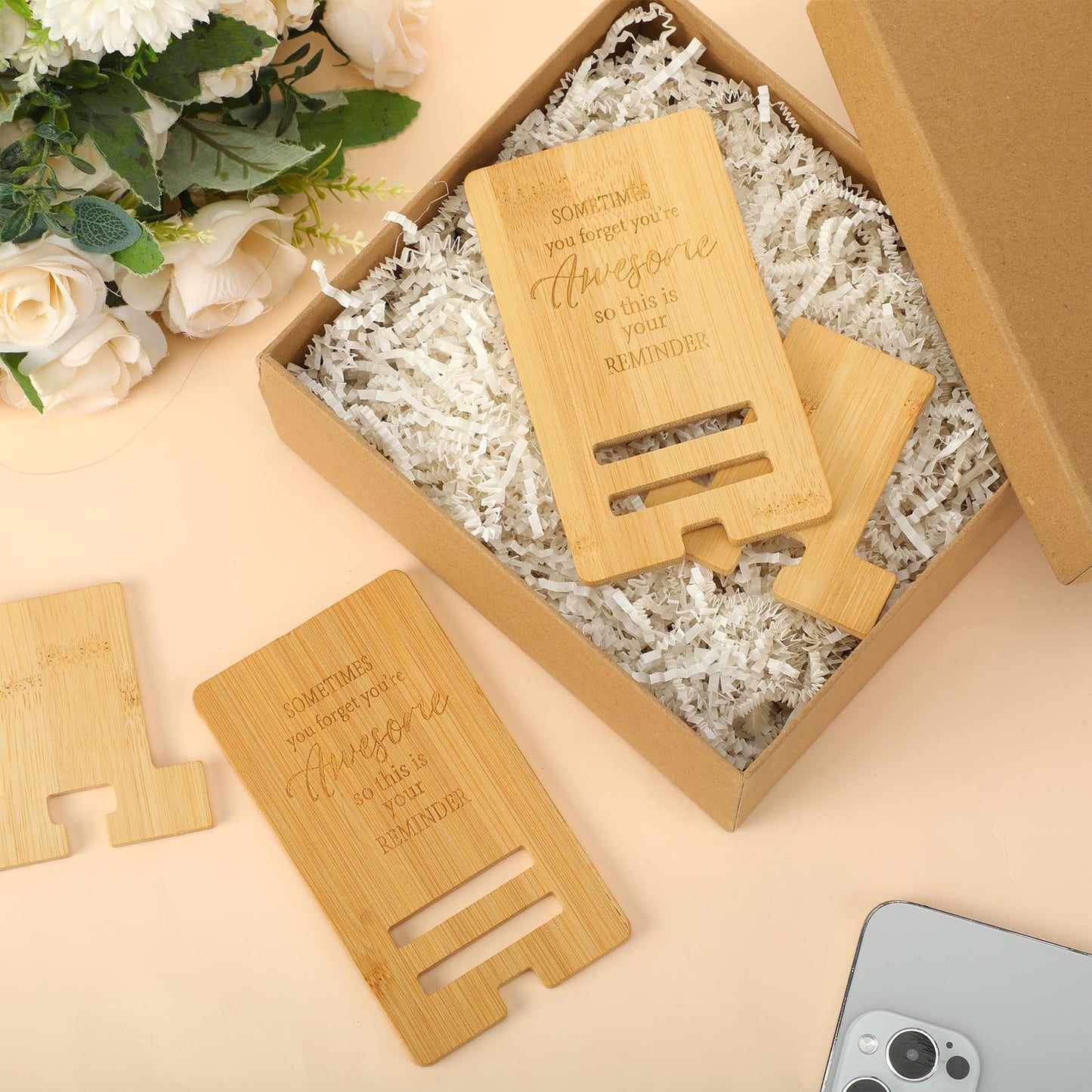 Ripeng 24 Pcs Employee Appreciation Gifts Bulk Bamboo Phone Stand for Desk Office Worker Thank You Gift for Administrative Team Coworkers Staff Graduation Nurse Teacher Week (Awesome Reminder)