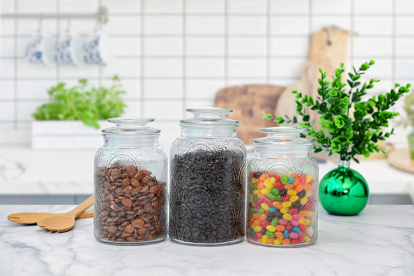 Le'raze Food Storage Containers with Airtight Lids - Retro Design - Pantry Organization, Glass Canisters Storage for Cookies, Tea, Sugar, Candy Jars, Sugar Packet, Set of 3