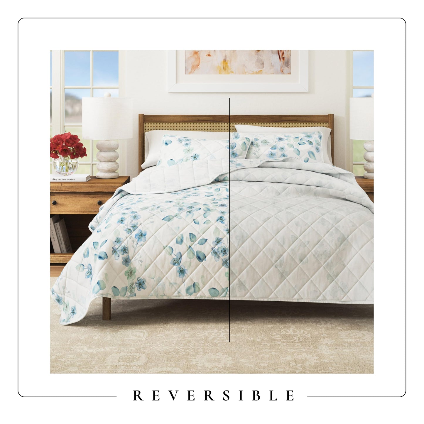 Great Bay Home Floral Quilt Set - 3-Piece King/California King Size Spring Bedding Set - Lightweight, All-Season, Reversible Bedspread (Blue/Green)