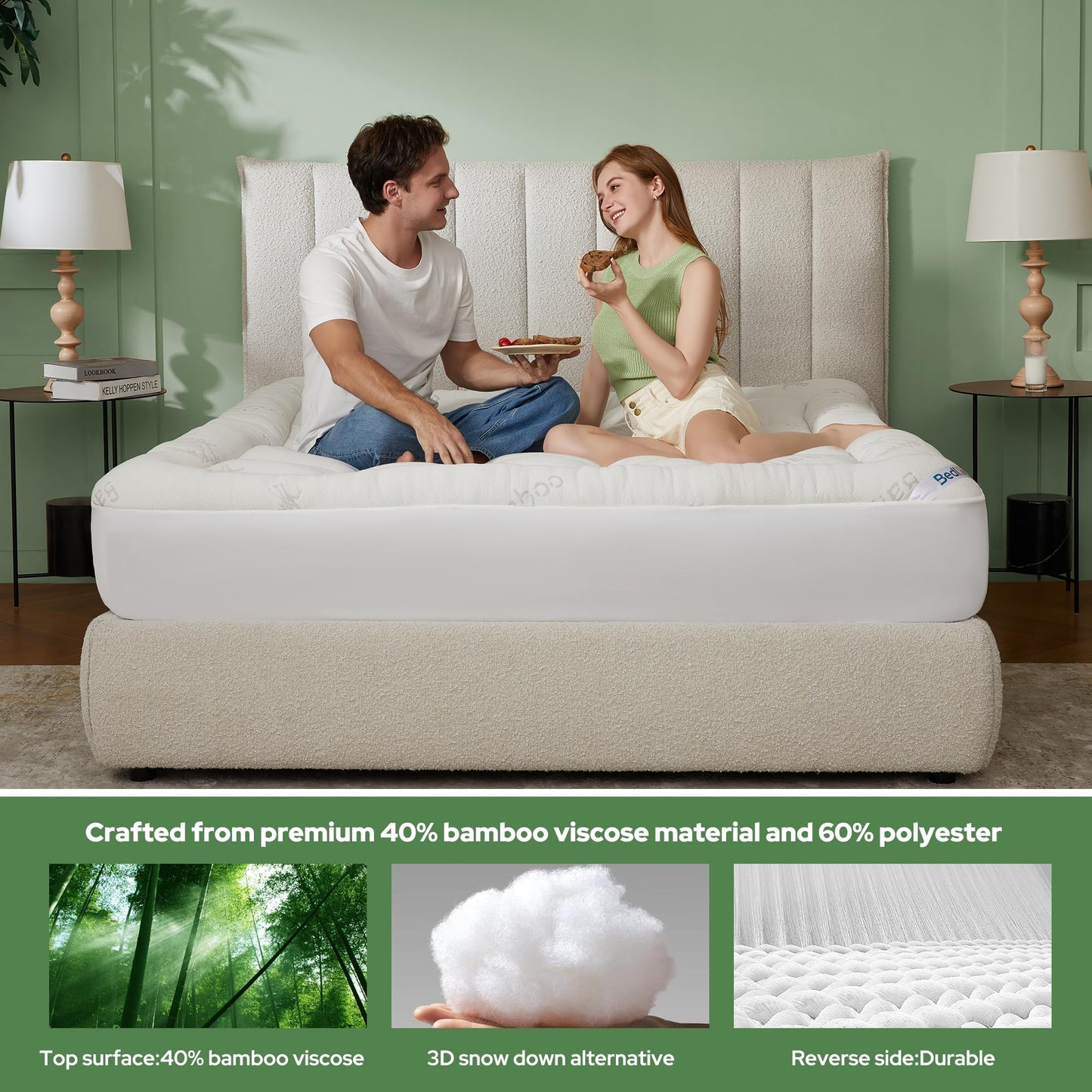 BEDLORE Queen Mattress Topper Viscose Derived from Bamboo, Thick Pillow Top Mattress Pad with Stretchable Pockets for 6-18 inches Mattress, Soft Breathable Mattress Topper for Back Pain Relief
