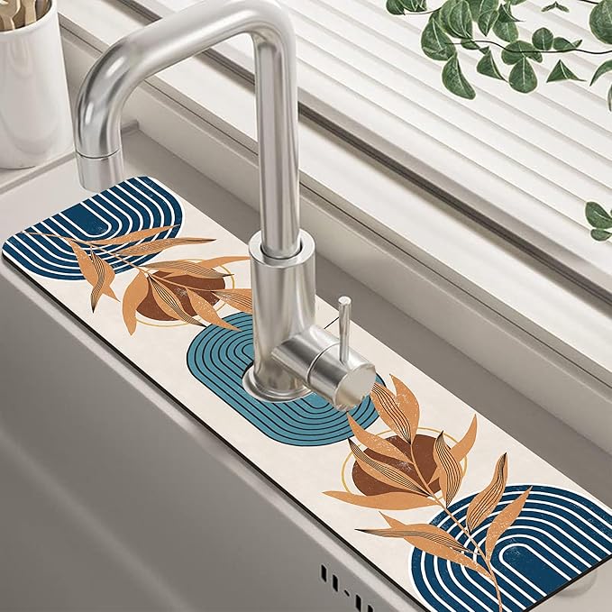 Abstract Blue Minimalistic Sink Faucet Absorbing Mat Sink Splash Guard Faucet