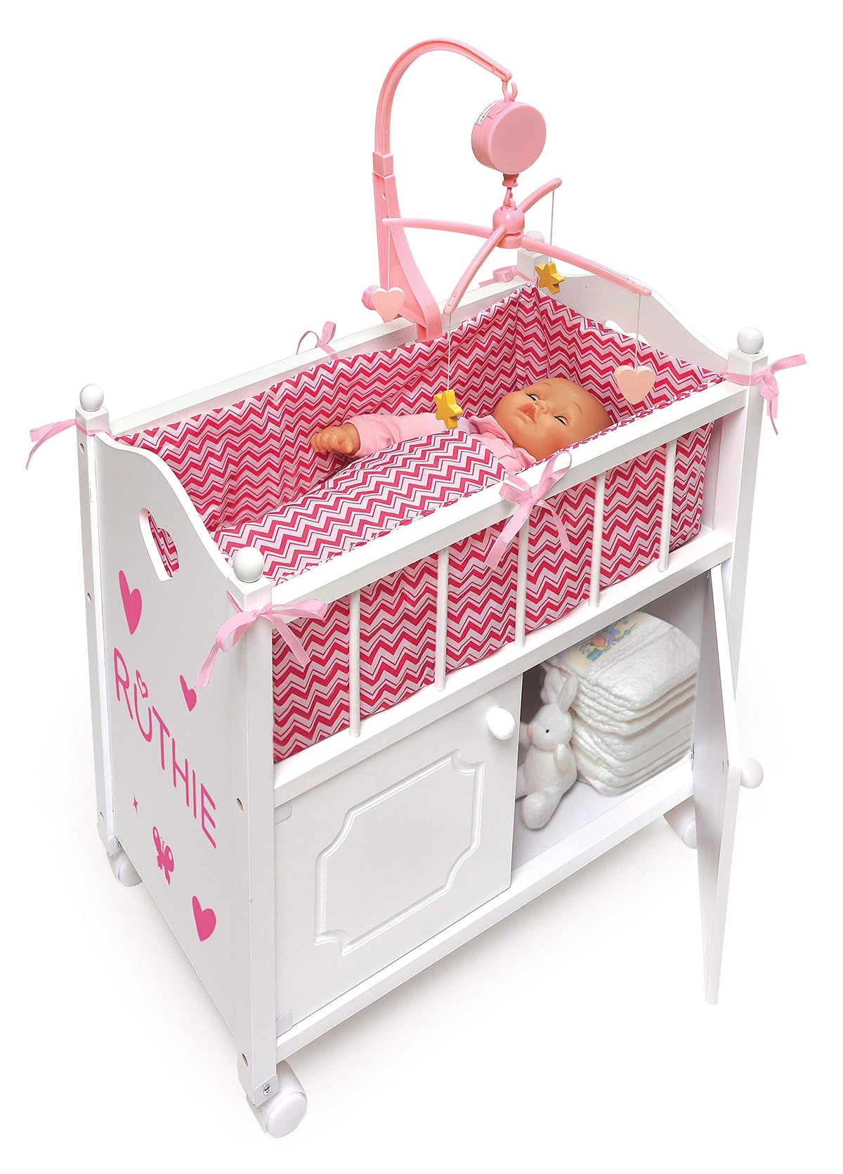 Badger Basket Wooden Toy Doll Bed with Storage, Mobile, and Bedding - Includes Wheels and Free Personalization Kit to Pretend and Play - White with Pink Chevron Fabric