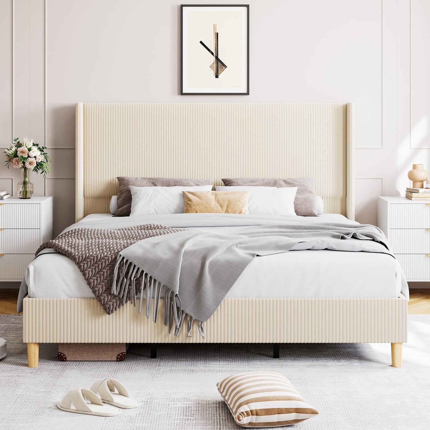 IDEALHOUSE Queen Size Upholstered Bed Frame with Channel Tufted Wingback Headboard, Wooden Slat Support, Noise-Minimizing Design, No Box Spring Needed, Beige