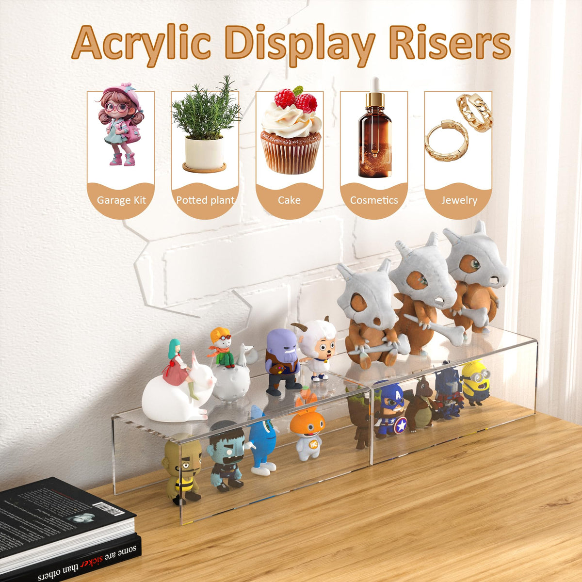 Sezanrpt Acrylic Shelf Riser 12x4.7x3 pack of 2, Desktop Rectangular Acrylic Tray Pedestal Stand for Funko Pop Figure, Bags, 12x4.7x3 Inch