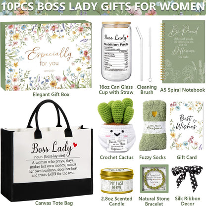 Bosses Gifts for Women, Best Boss Lady Gifts for Women, Unique Appreciation Thank You Mothers Day Easter Birthday Gift Baskets for Boss Female, Going Away Leaving Bosses Day Gift Set w/Canvas Tote Bag