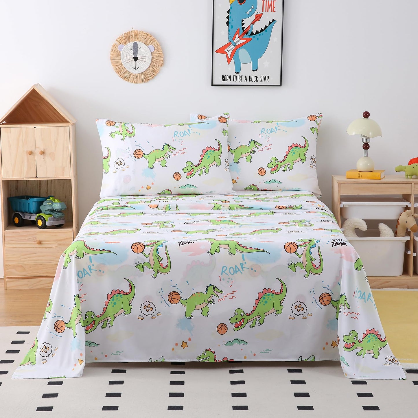 Yibeizi Full Size Sheets Set Kids, Dinosaur Pattern Microfiber Double Bed Sheets, Cute Soft Oeko-Tex Extra Deep Pocket Sheets & Pillowcases Cooling Hypoallergenic Wrinkle Free Bedsheets