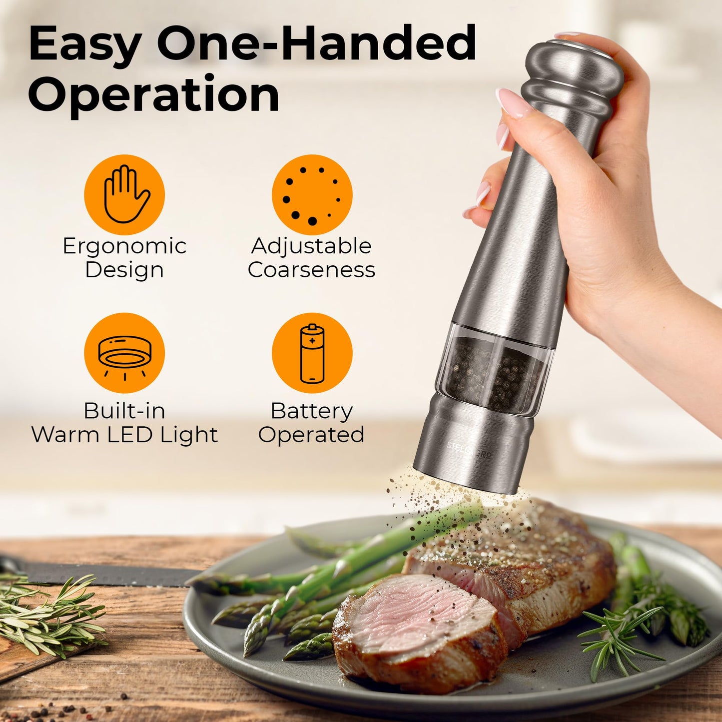 Electric Salt and Pepper Grinder Set, Battery Operated Grinders with Adjustable Coarseness, LED Light, One-Hand Operation, Refillable Stainless Steel Mills