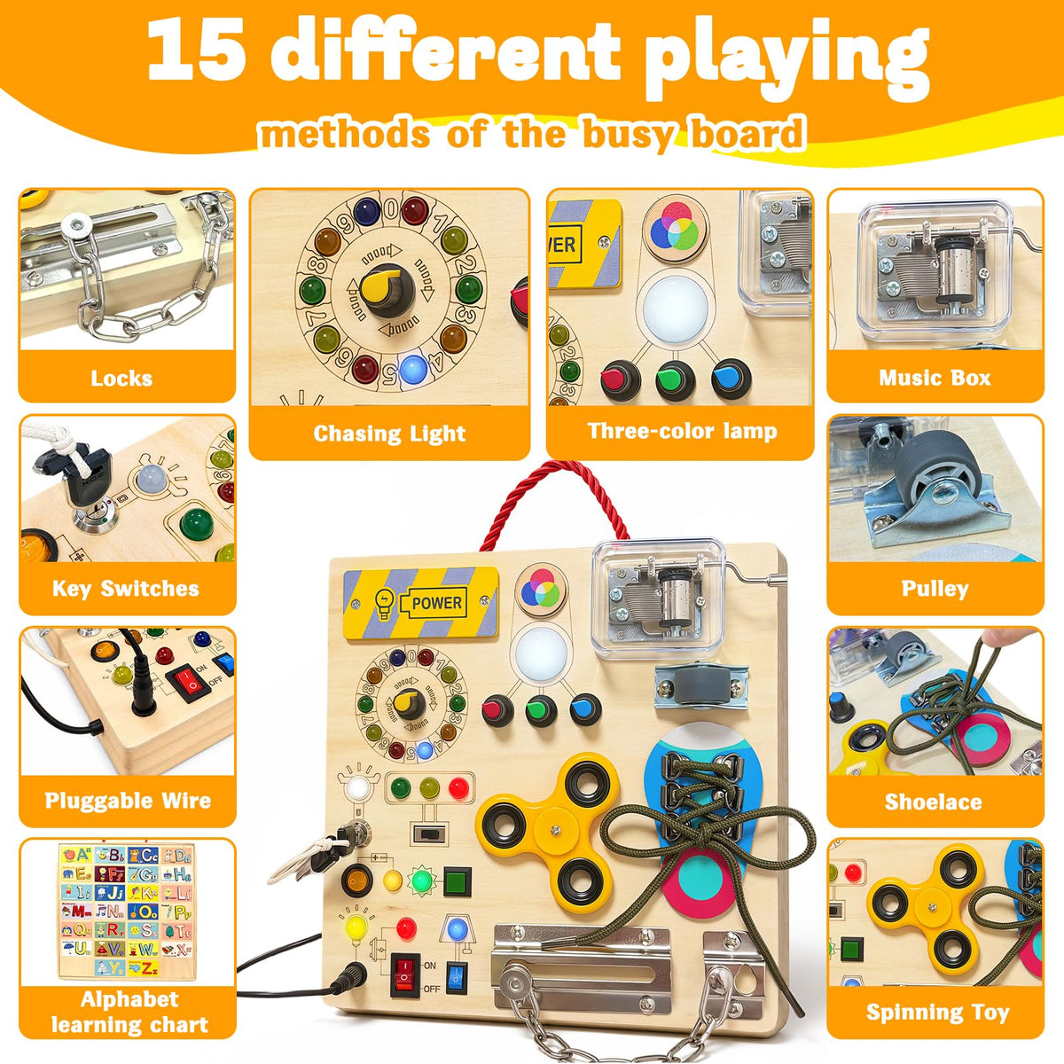 Busy Board with LED Light Switches, Montessori Toys for Toddlers 1-3, Wooden Sensory Activity Board, Travel Learning Toy for Boys & Girls, Educational Fidget Busy Board Gift for 1 2 3 Year Old Kids