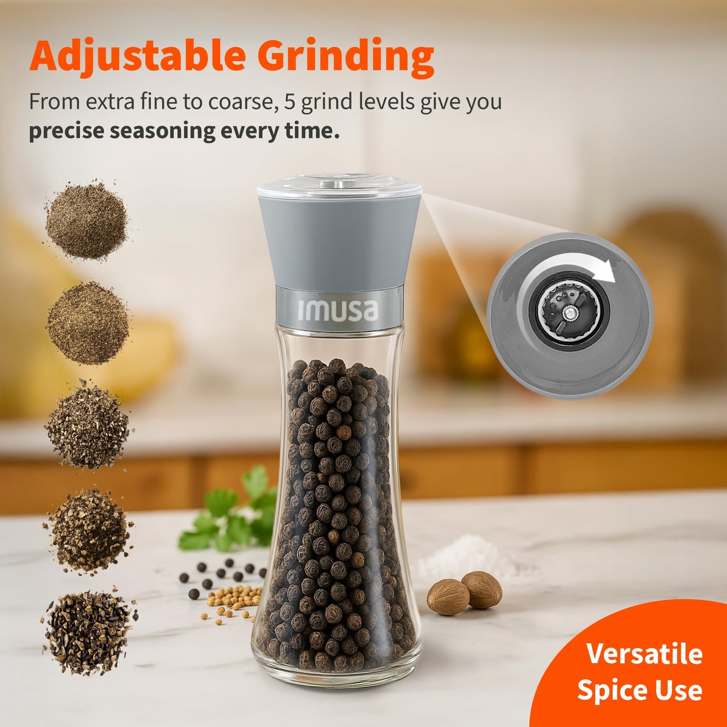IMUSA Salt Shaker and Pepper Grinder Set – 2 Pack Glass Salt Shaker and Pepper Mill Set, Manual Adjustable Ceramic Core Pepper Grinder, 6 oz Capacity, Refillable Salt and Pepper Set for Kitchen