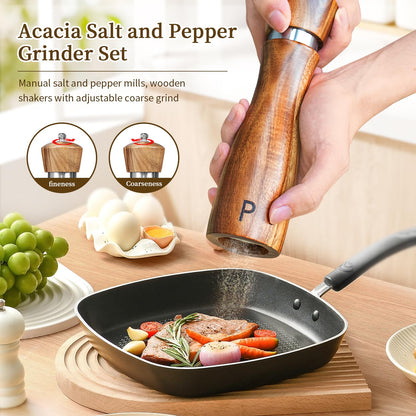 Haomacro Salt and Pepper Grinder Set of 2,8Inch Updated Wooden Pepper Mill Shaker,Modern Oak Wood Salt Mill Pepper Grinder Set Refillable with Adjustable Ceramic Rotor