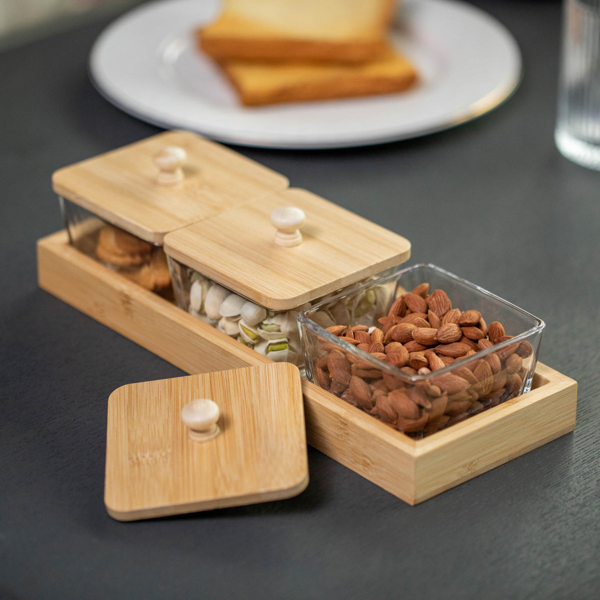 Basicwise Set of 3 Square Glass Jars with Bamboo Lids and Wooden Tray – Rectangular Charcuterie, Snack Organizer and Fruit Platter for Party, Candy Jars, Cookies, Nuts, Fruits and Snack Box