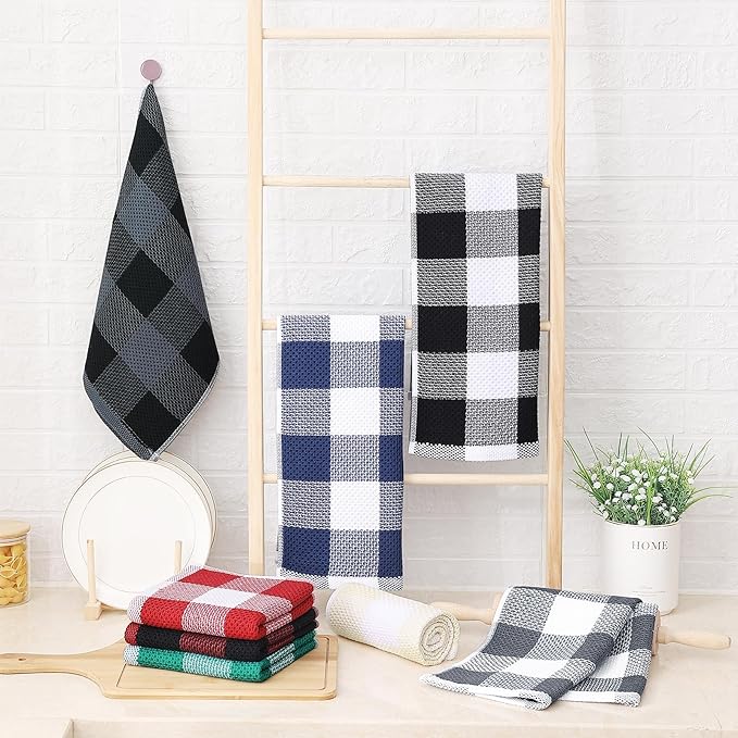 Homaxy 100% Cotton Waffle Weave Check Plaid Kitchen Towels, 13 x 28 Inches