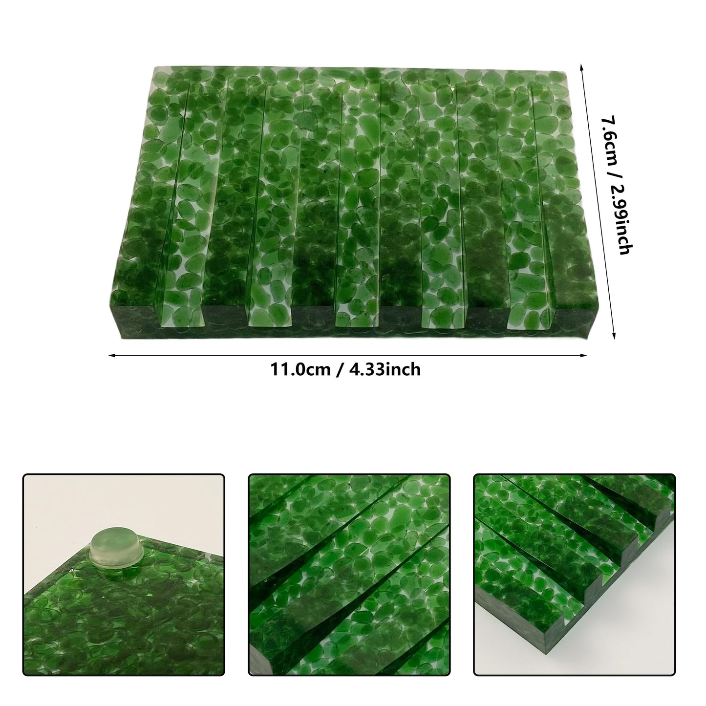 Vinsiora Soap Dish Rectangular Self Draining Holder with Natural Green Bead Inclusions Handcrafted Bathroom Tray Modern Decor Accessory 4.33 x 2.99 x 0.59 Inches (Green Crystal Single-Drain Soap Rack)