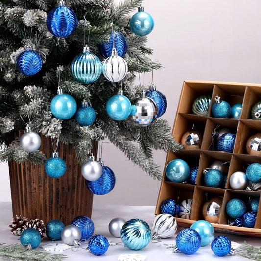 Lunmon 64 Pcs Winter Ball Ornaments Silver Blue Ornament for Tree 1.6/1.97/2.4 Inch Shatterproof Glitter Matt Xmas Baubles Assorted Size Winter Wonderland Ornament Decoration for Christmas Tree Party