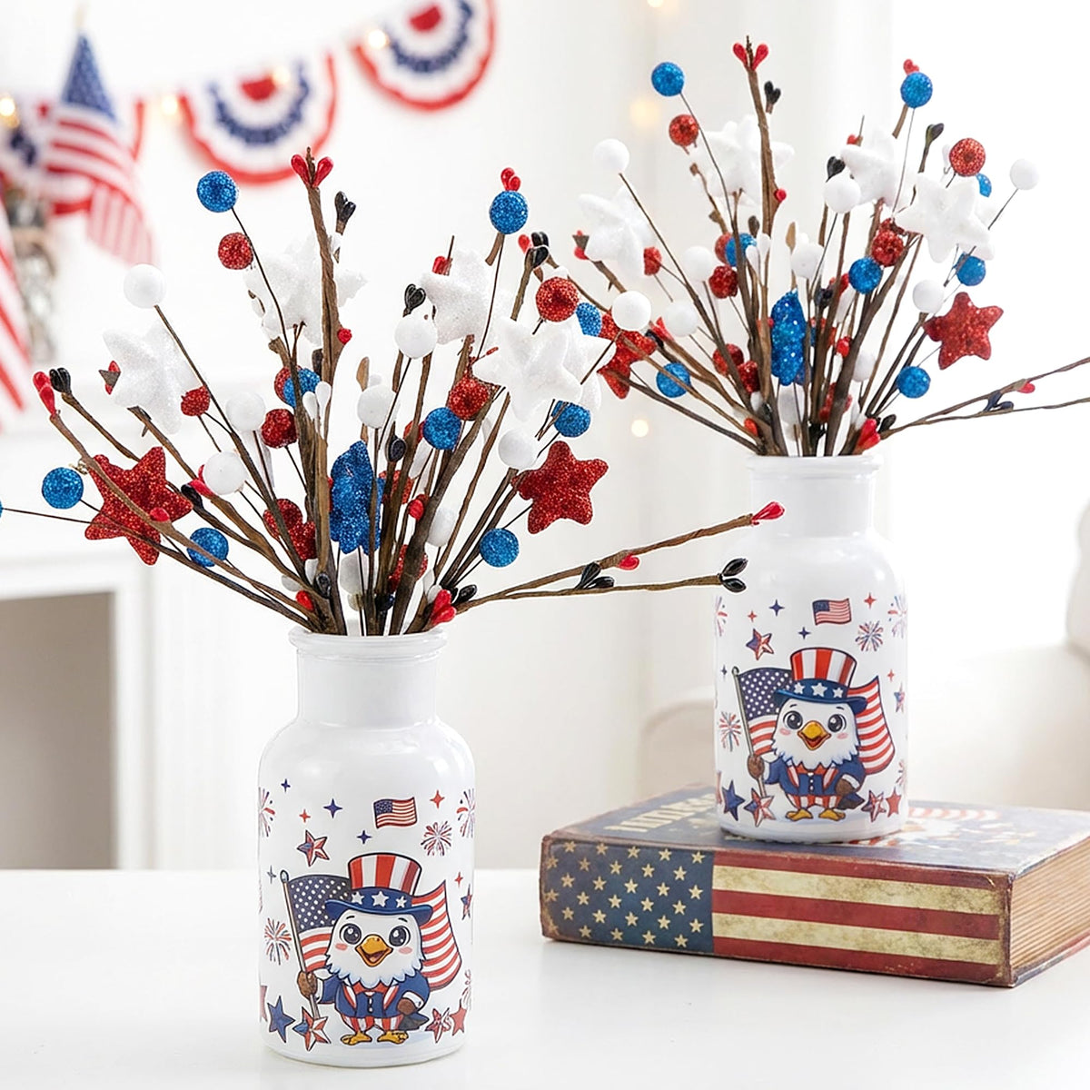 Watayo 2 Set Patriotic Artificial Flower Stems with Glass Vase, 4th of July Artificial Berry Stem Picks, Faux Red White Blue Branches Table Centerpiece for Independence Memorial Day Home Decor