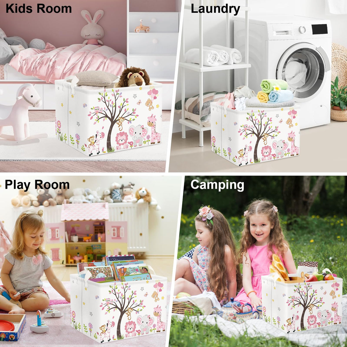 Clastyle Collapsible Large Pink Woodland Animal Baby Girl Bakset Jungle Animals Lion Giraffe Book Shelf Basket with Handle Rectangle Toy Clothes Cube Storage Basket for Kids Room