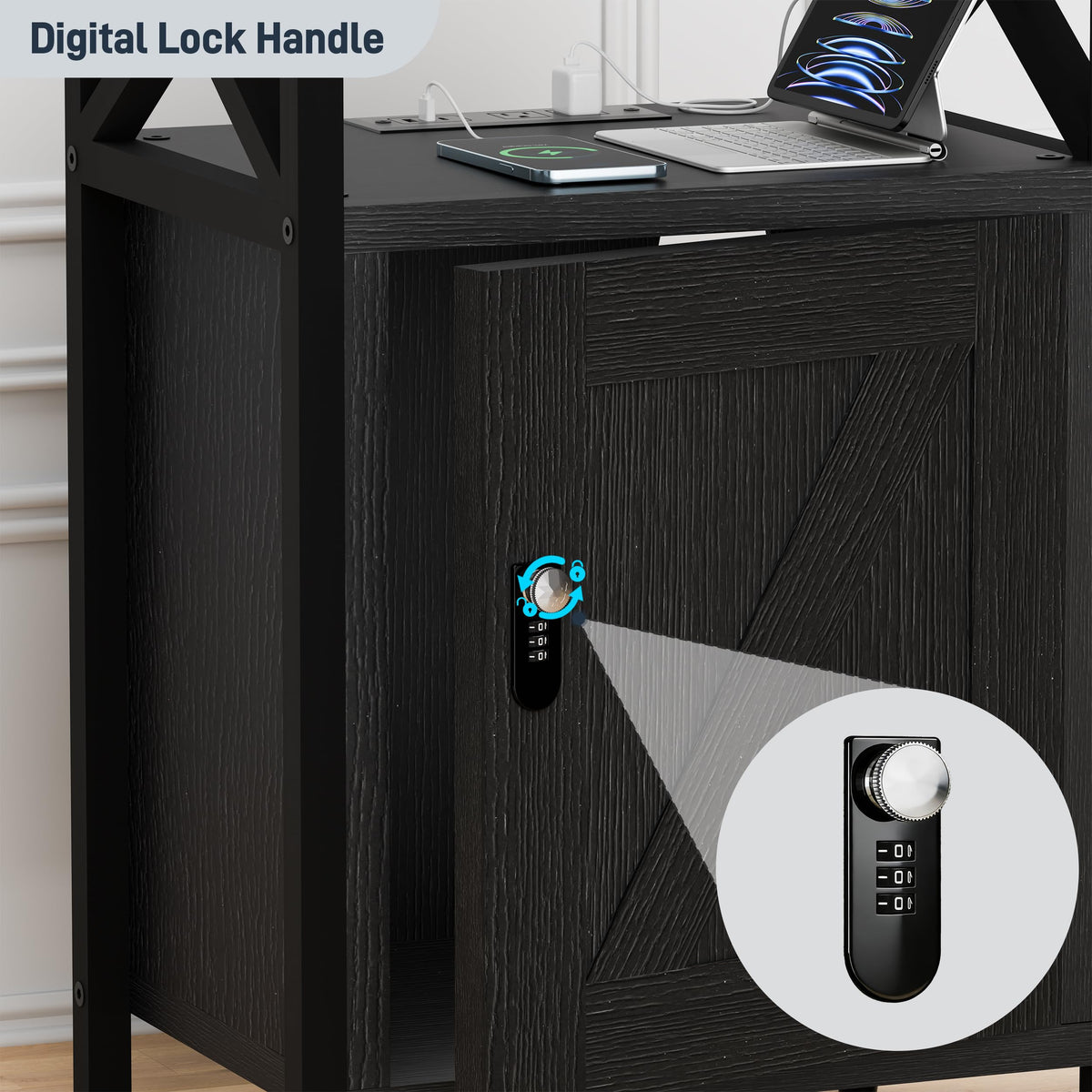 runjuly Wooden Nightstand with Charging Station, Bed Side Table with Drawers, Bedside Table with Lock, 3 USB & 2 Outlets, Night Stand with Cabinet Storage, End Table for Bedroom, Black
