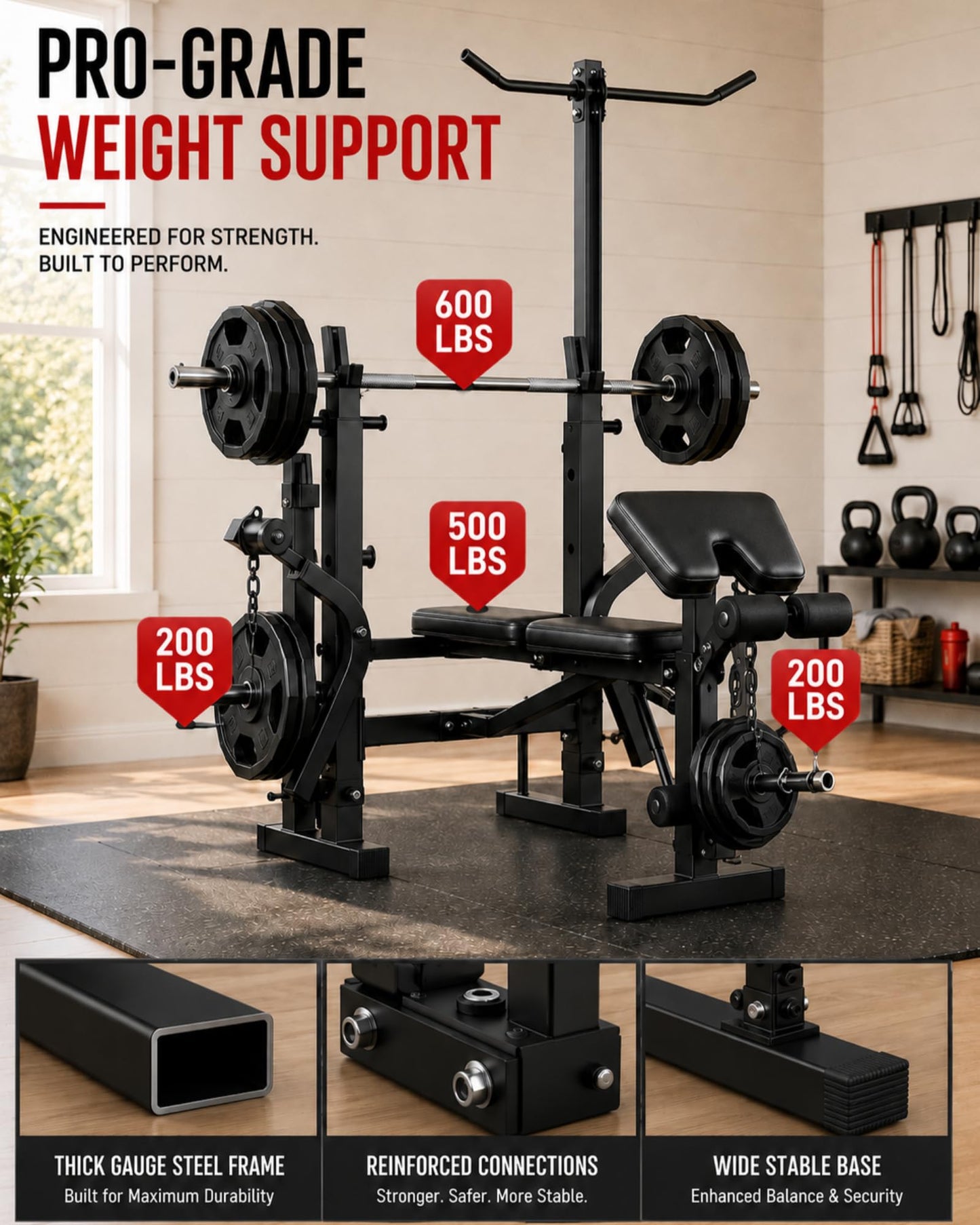 Garvee 8 in 1 Olympic Weight Bench Set with Leg Extension & Curl, Adjustable Bench Press Set with Rack, Preacher Curl Pad, Chest Fly，Lat Pulldown, Multi-Function Home Gym Strength Training Equipment