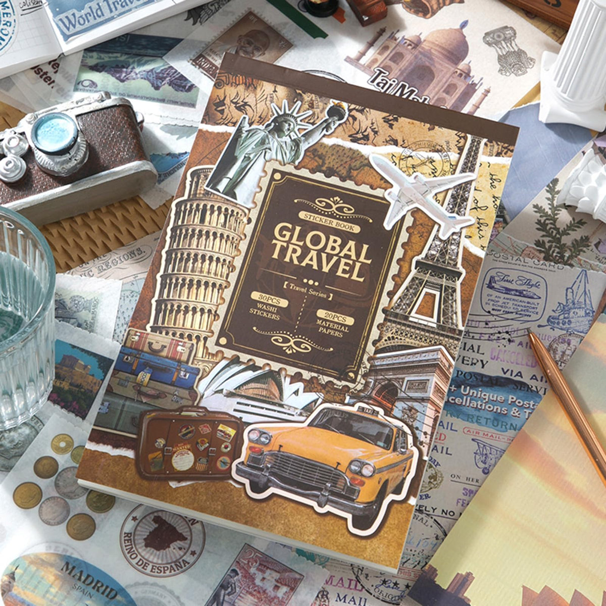 Vintage Scrapbook Stickers, Aesthetic Global Travel Sticker Book for Scrapbooking with 320+ Washi Stickers and 20 Scrapbook Papers, Journaling Supplies, Ephemera for Junk Journals DIY Arts Crafts