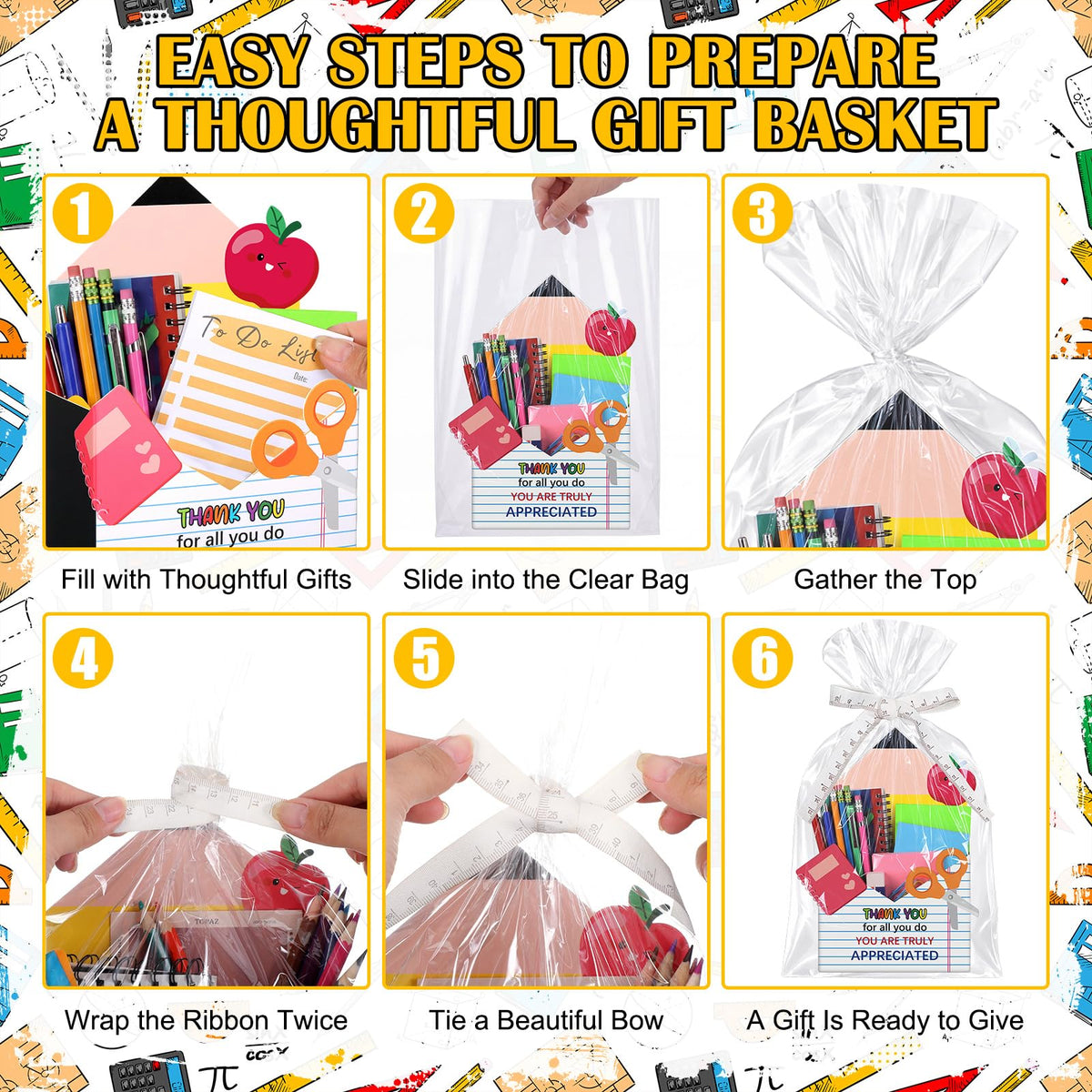 Eaasty 12 Pack Teacher Appreciation Gifts Bulk, Thank You Teacher Gift Boxes with Ribbon Cards, Foldable Pencil Design Paper Basket for End of Year Party Decorations