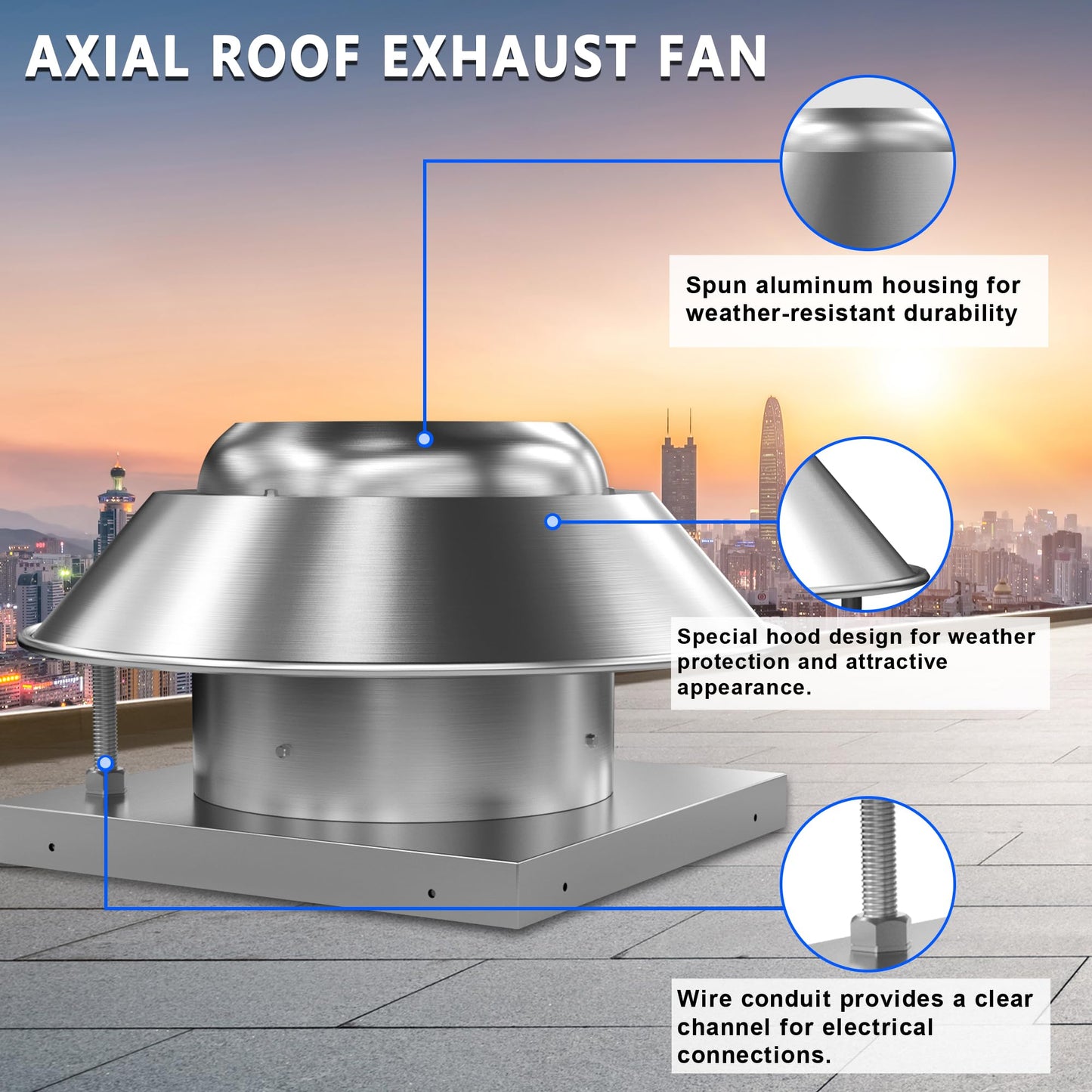 FICBXRA Roof Exhaust Fan Direct Drive Axial Downblast Exhaust Fan -26" Fan Base, 1/3 HP 115 Volt Single Phase Motor 2400 CFM
