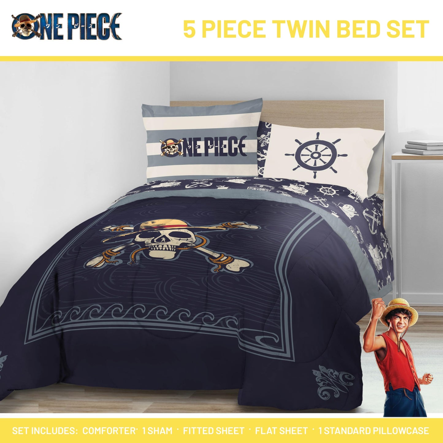Jay Franco One Piece Twin Size Comforter Set - 5 Piece Blue Bedding Includes Sheet Set & Pillow Covers - Super Soft Anime Bedding with Skull and Bones