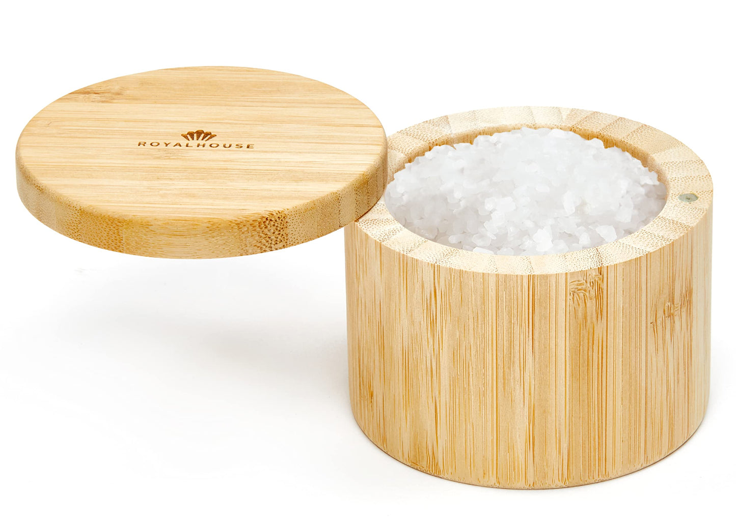 RoyalHouse 6 Oz Capacity Natural Bamboo Salt and Pepper Holder With Bamboo Lid, Salt Cellar With Magnetic Swivel Lid, Healthy Storage Box For Herbs Or Favorite Seasonings