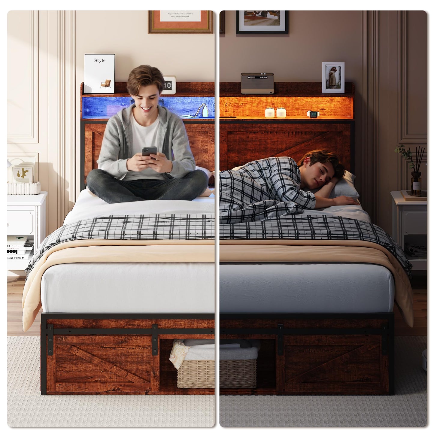 KEIKI Queen Size Bed Frame with Storage Headboard, Wood Platform Bed with Charging Station & Footboard Drawers, Sturdy Metal Slats, Noise-Free, No Box Spring Needed, Brown
