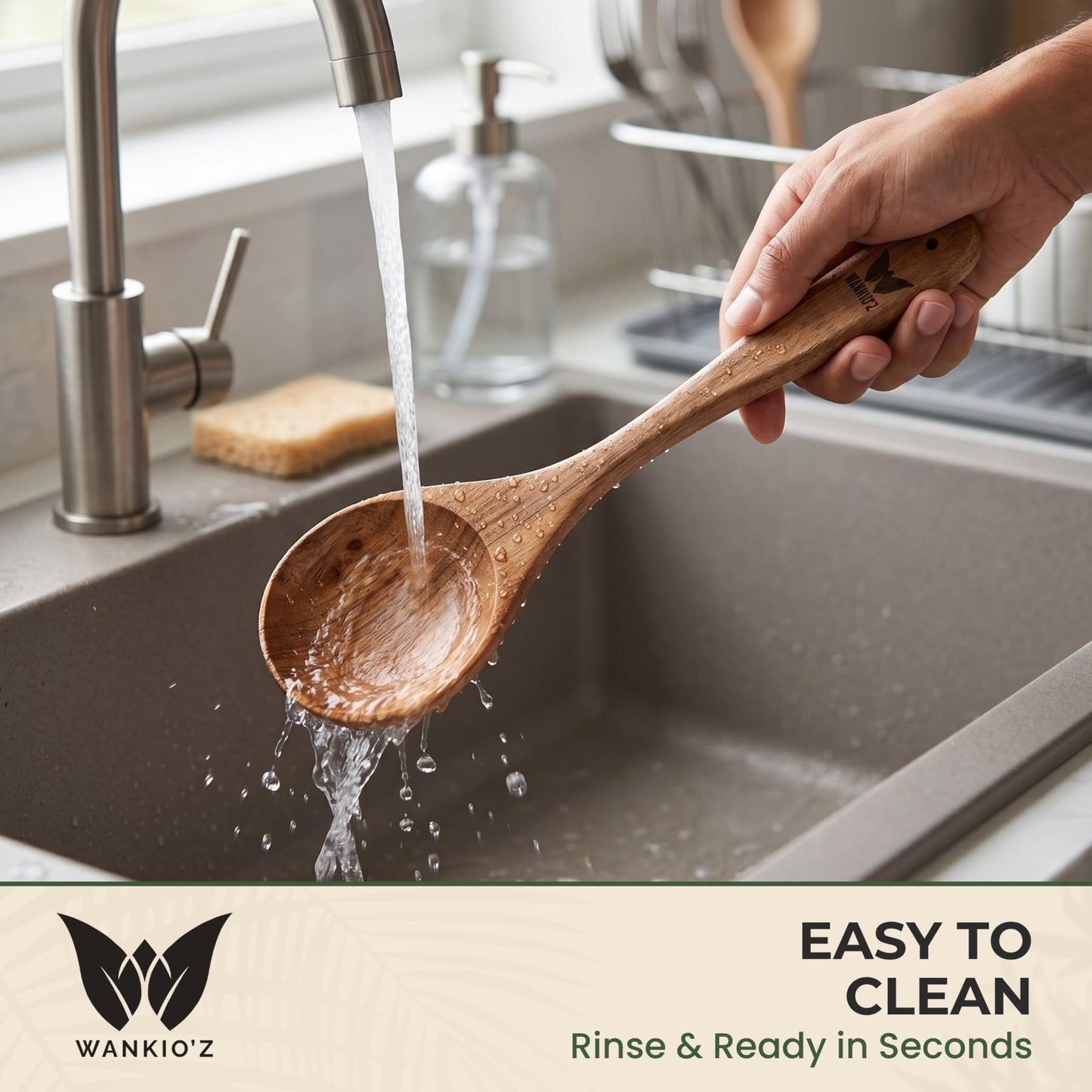 WANKIO'Z Acacia Wood Cooking Spoon – 12" Handcrafted Wooden Serving Spoon | Deep Bowl Design | Safe for Nonstick Cookware | Ergonomic Handle | Natural Kitchen Utensil