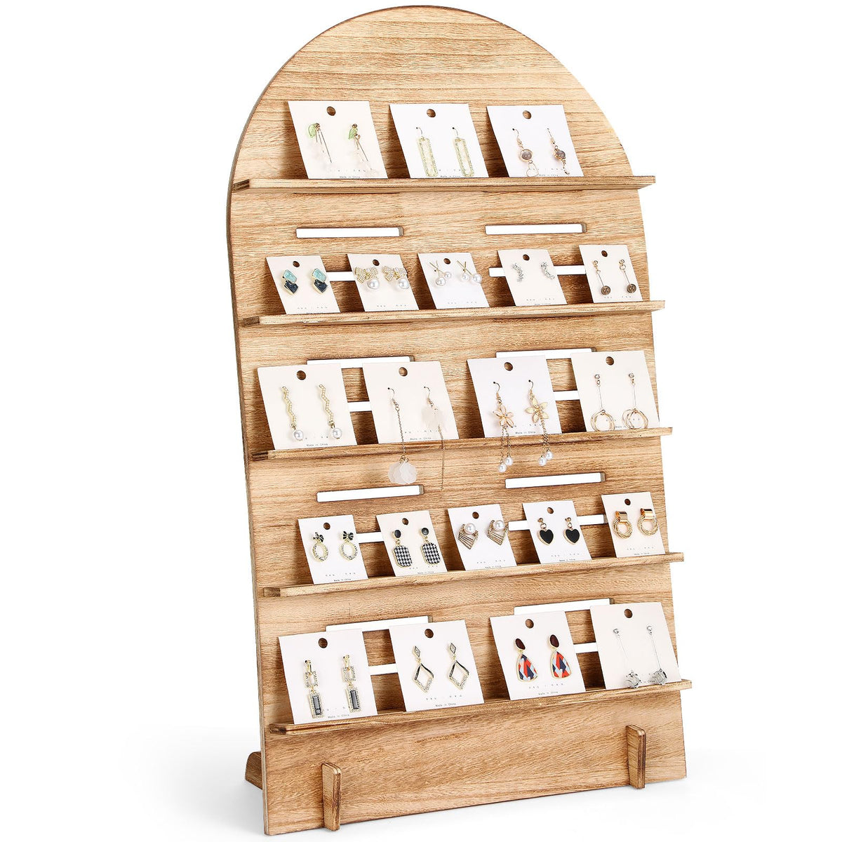 DoubleFill 1 Pcs 5 Tier Wooden Earring Display for Vendor Arch Jewelry Display Stand Rack with Adjustable Height for Retail Selling (Brown)