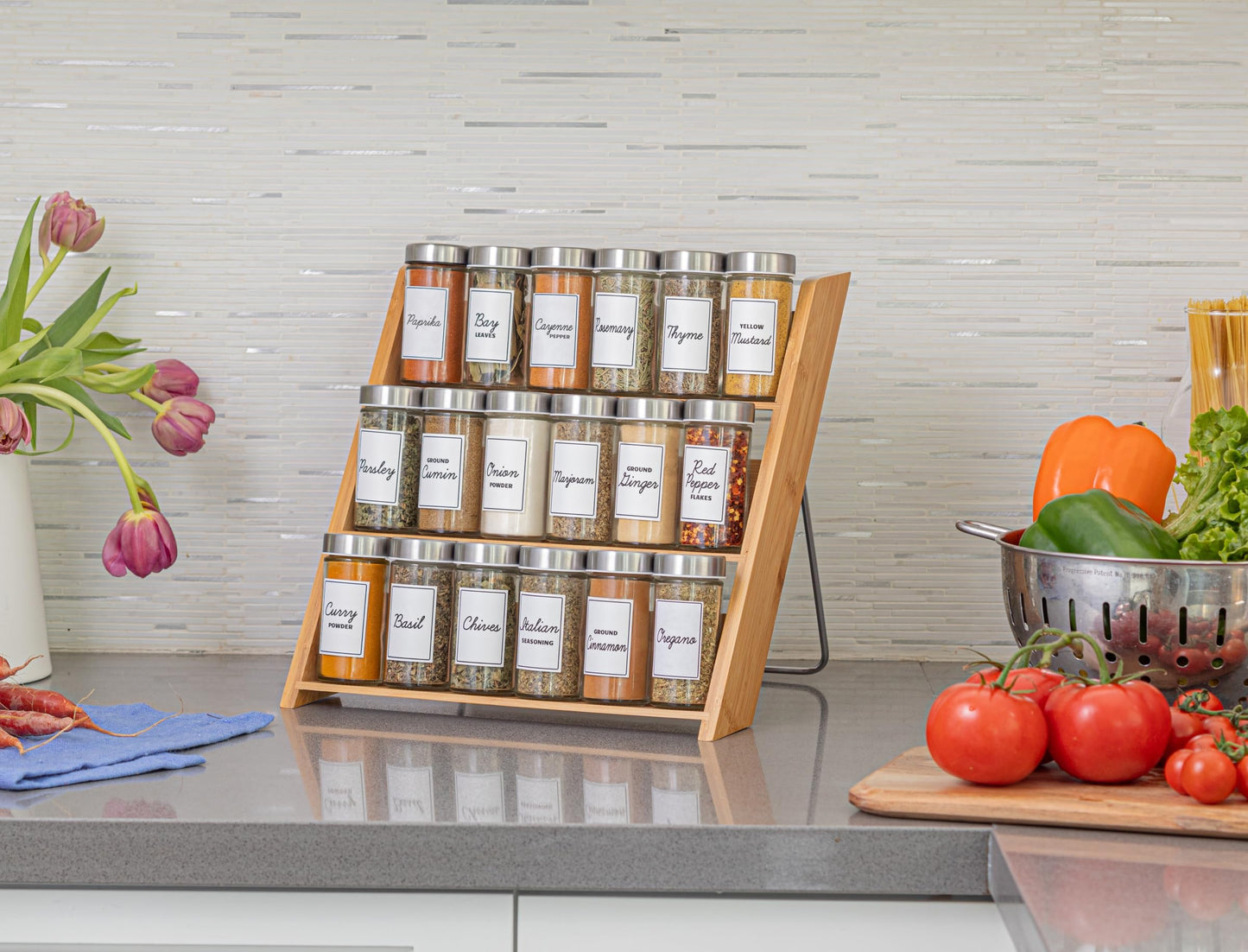 Orii 18 Jar Bamboo Compact Spice Rack with Spices Included & 5-Year Free Spice Refill Program for Countertop or Kitchen Drawer with Glass Jars