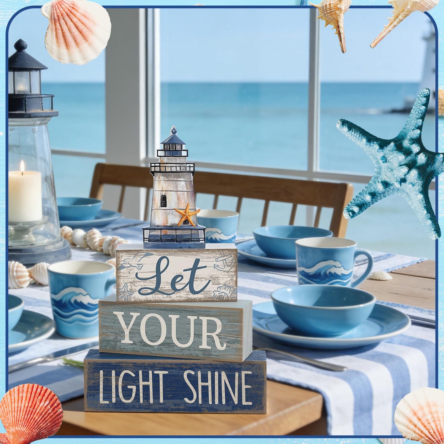 Lineshading 4 Pcs Beach Coastal Table Decor Wooden Lighthouse Decoration with Starfish Summer Tiered Tray Decor Blue and White Ocean Centerpieces Rustic Beach House Nautical Decorations for Home Shelf