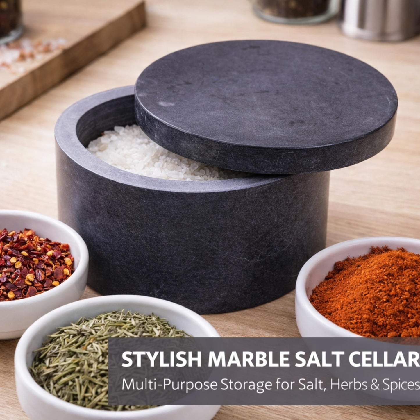 KC KULLICRAFT Unique Salt and Pepper Box Elegant Round Marble Salt Box With Lid For Salt, Spice and Herbs Storage. Perfect Container To Store. (3.5" x 2" Inches)
